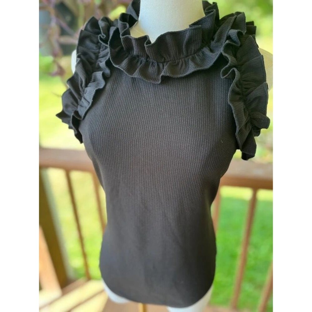 TCEC Black Ribbed Ruffle Bodysuit Large Romantic Goth - Picture 4 of 10